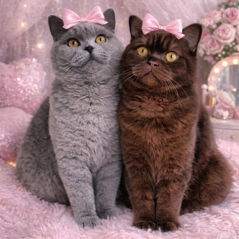 Two British Shorthair cats, one grey and one brown, posing together with pink bows on their heads.