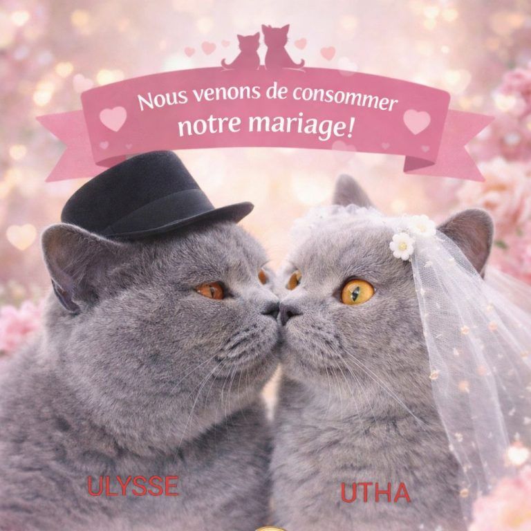 Zwei graue Katzen in Hochzeitskleidung s'küssen sich zärtlich.