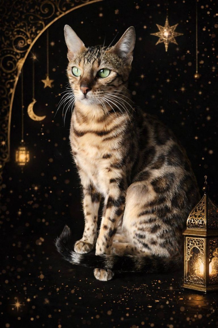Chat Bengal avec des yeux verts, lanternes et étoiles