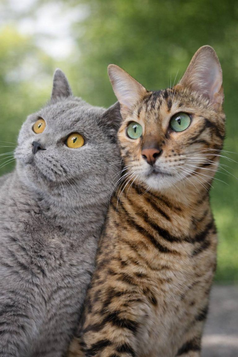 Two cats, one gray and one tabby, pose together while looking at the lens with their sharp eyes.