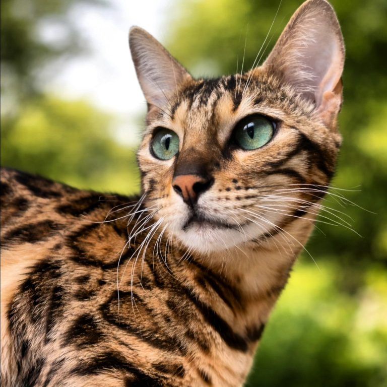 A Bengal cat with green eyes and spotted fur