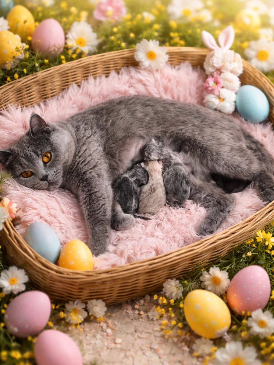 A gray cat and its kittens in a basket surrounded by Easter eggs.